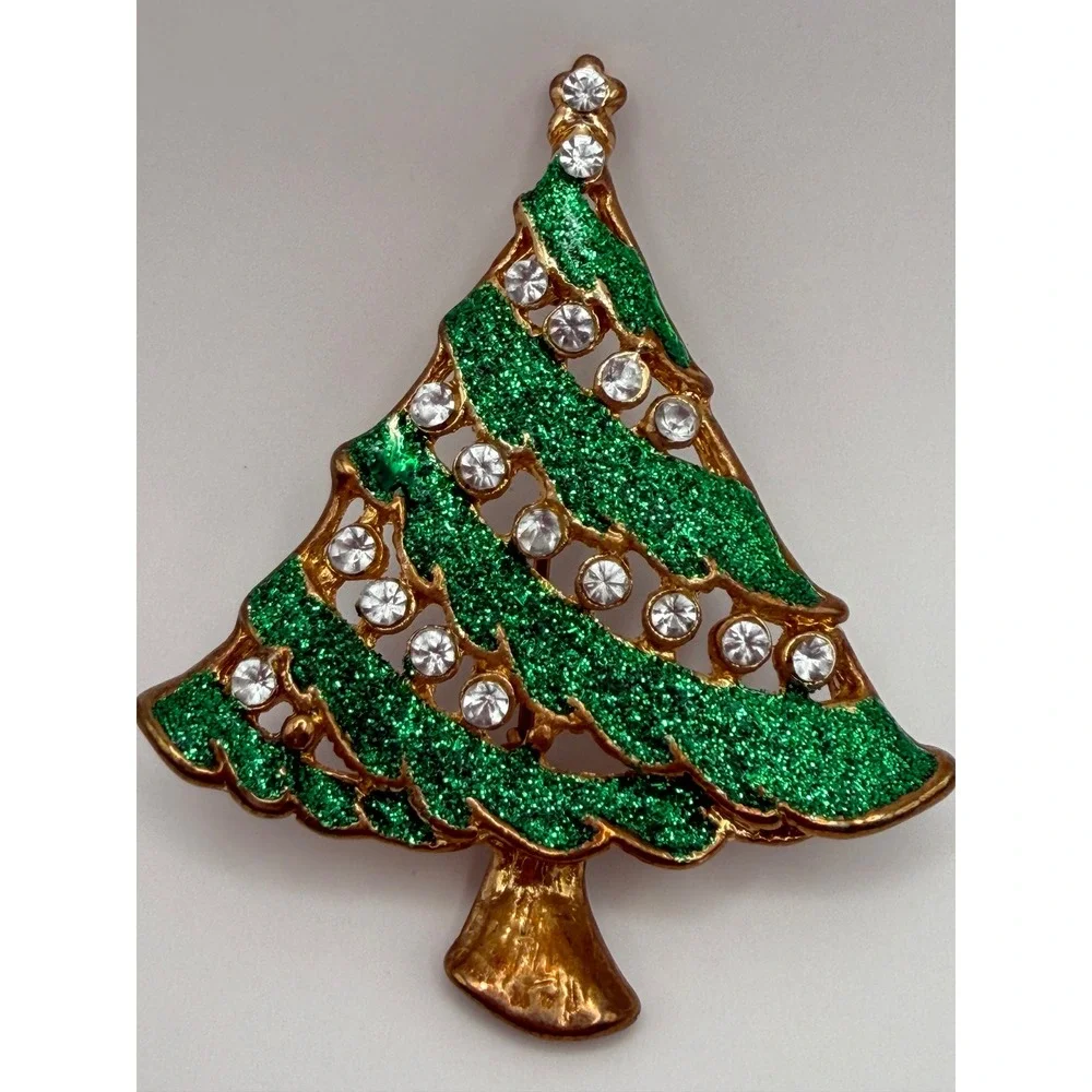 Sparkling‎ Green Christmas Tree Brooch Rhinestone Holiday Festive Jewelry Gift
